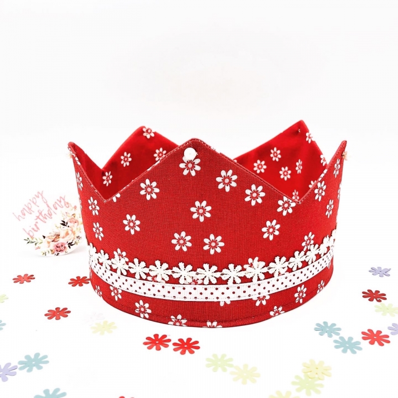  - Geburtstagskrone, Krone, rot, geblümt, größenverstellbar, von Mausbär