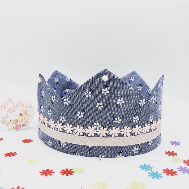  - Geburtstagskrone, Krone, hellblau, geblümt, größenverstellbar, von Mausbär