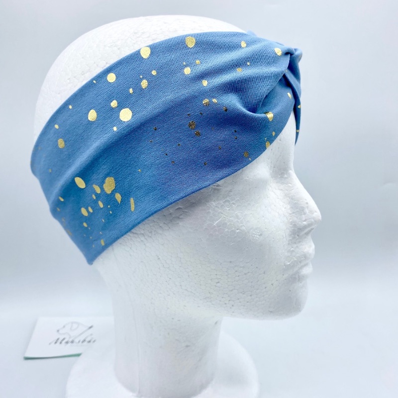  - Stirnband, KU 54 - 57 cm, Haarband , Bandeau , Boho-Stirnband, hellblau mit goldenen Tupfen, von Mausbär 