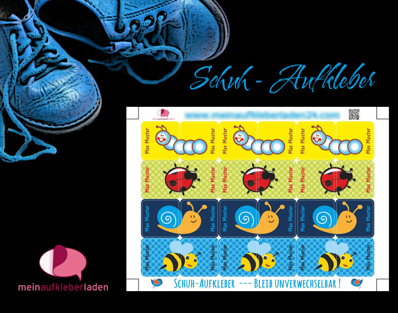  - 24 Schuhaufkleber | Kleine Tierchen - blau gelb + Schutzfolie - personalisierbar | Namensaufkleber, Schuhsticker