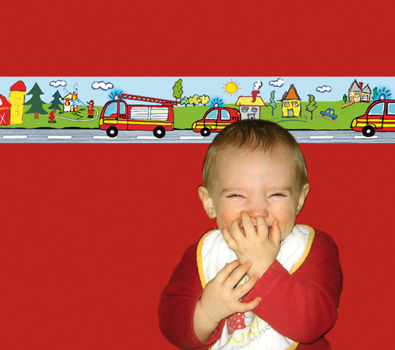  - Kinderbordüre - selbstklebend | Feuerwehr - 18 cm Höhe | Vlies Bordüre mit Feuerwehrautos