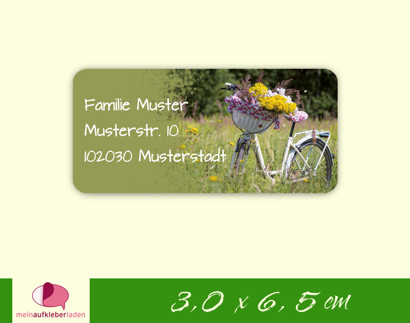  - 24  Adressaufkleber eckig | weißes Fahrrad mit Blumen 2 - umweltfreundlich 