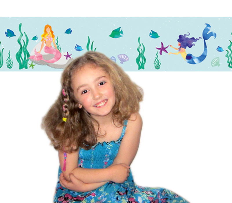 - Kinderbordüre - selbstklebend | Meerjungfrau - Watercolor - 18 cm Höhe | Wandbordüre mit vielen Fischen, Muscheln, Unterwasserpflanzen und Meerjungfrauen