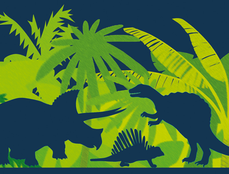  - Kinderbordüre Saurier Dark Shadow - 18 cm Höhe | Vlies Bordüre mit T-Rex, Langhals, Stegosaurus, Flugsaurier 