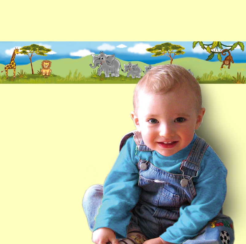 - Kinderbordüre - selbstklebend | Afrika Tiere - 11,5 cm Höhe | Vlies Bordüre mit Elefanten, Giraffe, Löwe und Affe