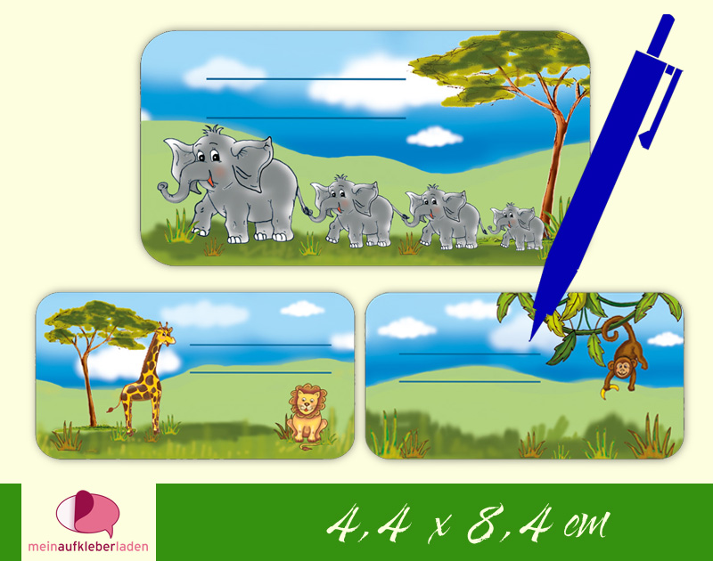  - 12 Heftaufkleber 4,4 x 8,4 cm | Tiere Afrikas | Schuletiketten zum selber beschriften 