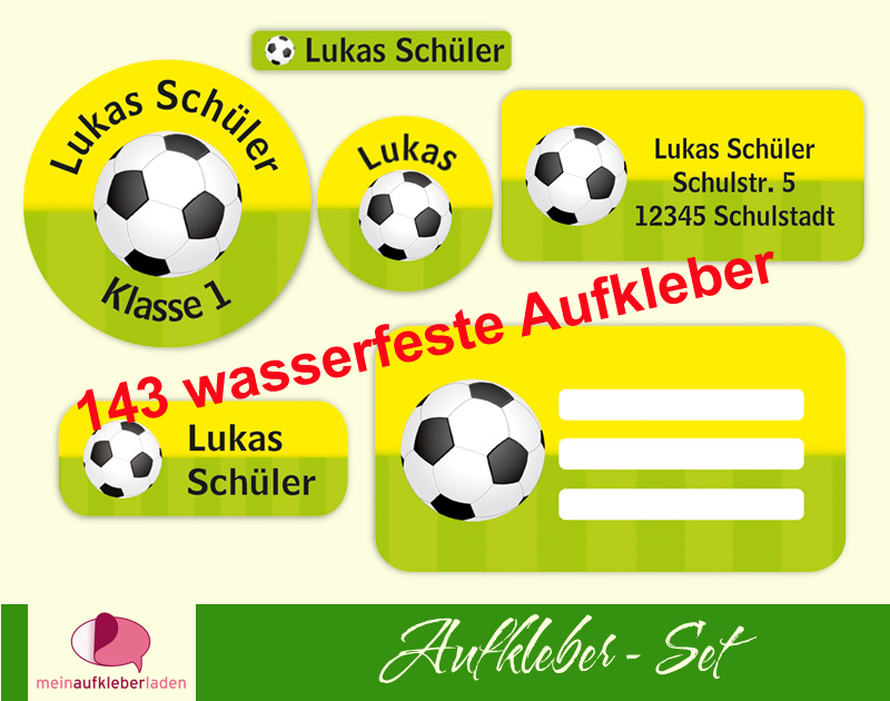  - Schulaufkleberset  | Fußball gelb-grün - 143 Aufkleber - personalisierbar | Namensaufkleber, Schuletiketten  