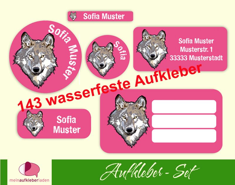  - Schulaufkleberset  | Wolf pink - 143 Aufkleber - personalisierbar | Namensaufkleber, Schuletiketten 