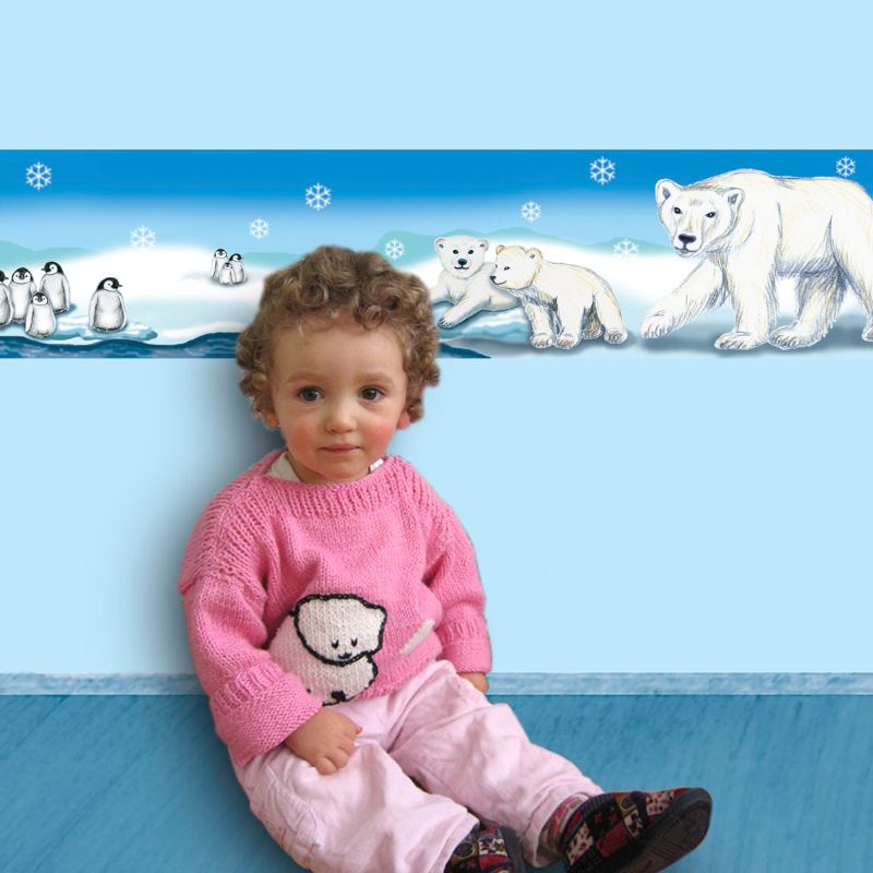  - Kinderbordüre - selbstklebend | Polarwelt Tiere - 11,5 cm Höhe | Vlies Bordüre mit Eisbären, Pinguinen, Babyrobbe