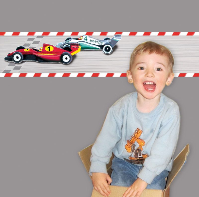  - Kinderbordüre - selbstklebend | Autorennen - 18 cm Höhe | Vlies Bordüre mit Startfeld, Rennstrecke und Rennwagen