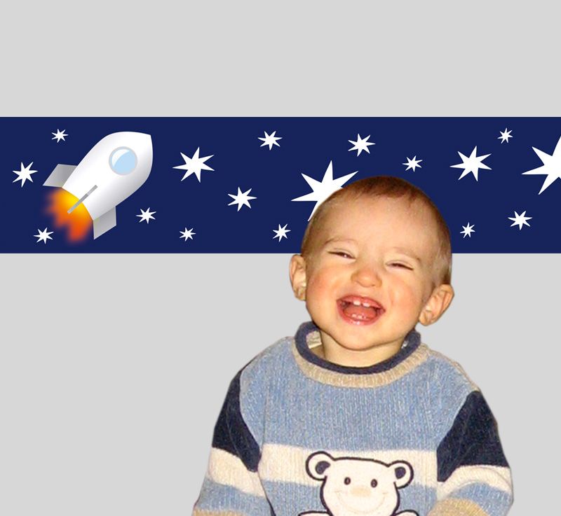  - Kinderbordüre - selbstklebend | Rakete - weiße Sterne - 18 cm Höhe | Vlies Bordüre mit Raumschiffe & Planeten 