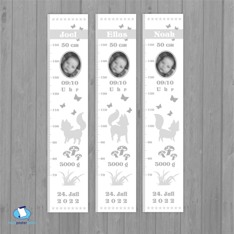  - selbstklebende Kindermesslatte Foto | Fuchs - weiß grau | Wandtattoo Messlatte personalisiert mit Geburtsdaten & Foto vom Baby 