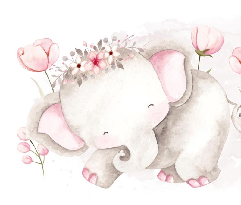  - Kinderbordüre - selbstklebend | Elefanten mit Blumen - Watercolor - 20 cm Höhe | Vlies Bordüre mit niedlichen Elefanten in Aquarellart