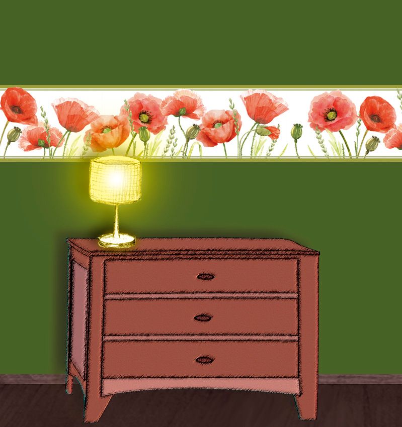  - Wandbordüre - selbstklebend | Mohnblumen und Gräser mit Zierrand - Watercolor - 20 cm Höhe | Vlies Bordüre im Landhausstil