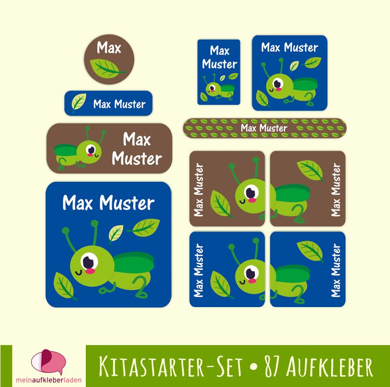  - Kindergarten-Set - 87 Aufkleber | Grashüpfer - Blätter - personalisierbar | Namensaufkleber, Textilaufkleber, Schuhaufkleber