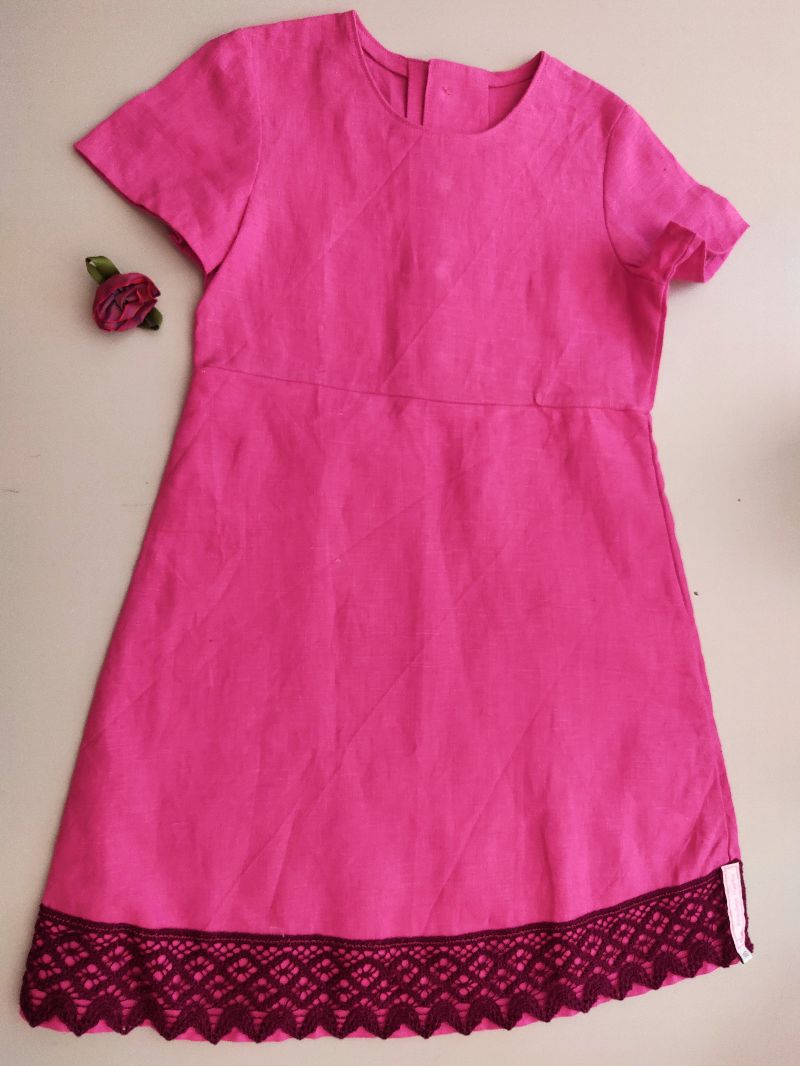  - Kinderkleid Leinen Spitze pink weinrot Sommerkleid Größe 116