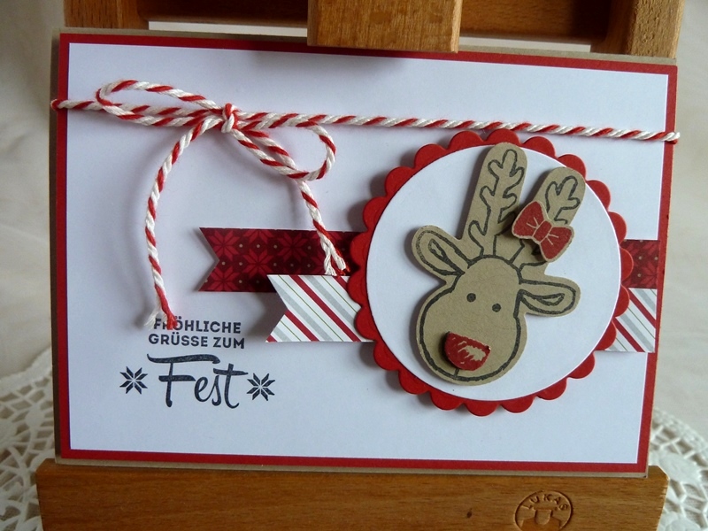  - Weihnachtskarte, Klappkarte in weiß/rot mit Elchkopf