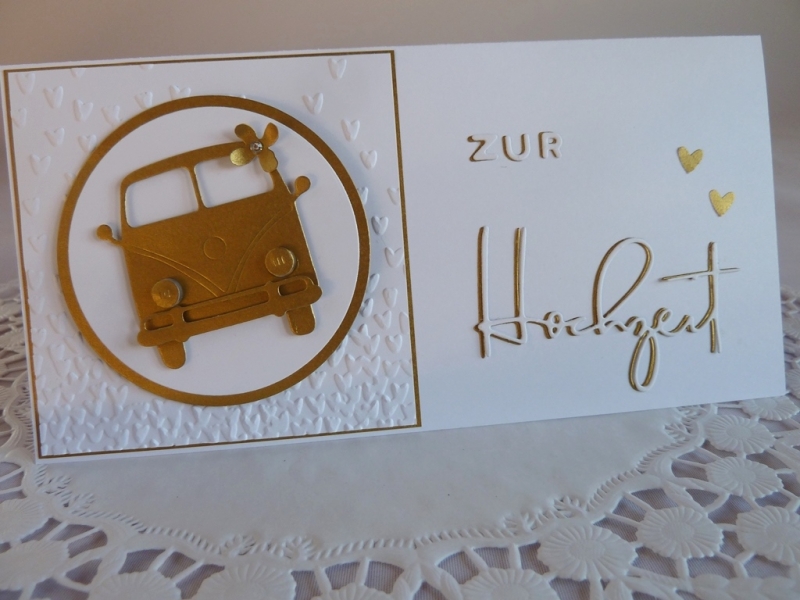  - Edle Hochzeitskarte in weiß und Gold mit Kultauto