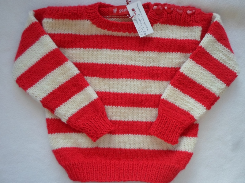  - Gr.74/80 Babypullover rot/weiß gestreift aus weicher strapazierfähiger Wolle handgestrickt