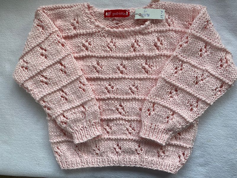  - Gr.92/98 Sommerpullover für kleine Mädchen mit Lochmuster in rosa aus reiner Baumwolle handgestrickt
