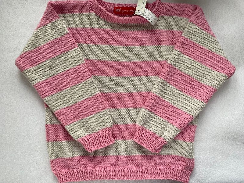  - Gr.116/122 Mädchenpullover in rosa und kid gestreift aus reiner, weicher Baumwolle glatt rechts handgestrickt