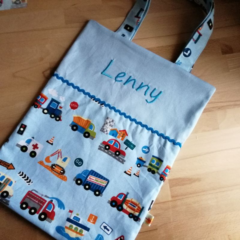  - Kita-Tasche mit Namen, Kindergarten Beutel  ,viele tolle Autos, blau