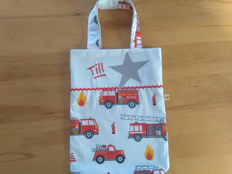  - Kita-Tasche mit Namen, Kindergarten Beutel,   Feuerwehr Auto