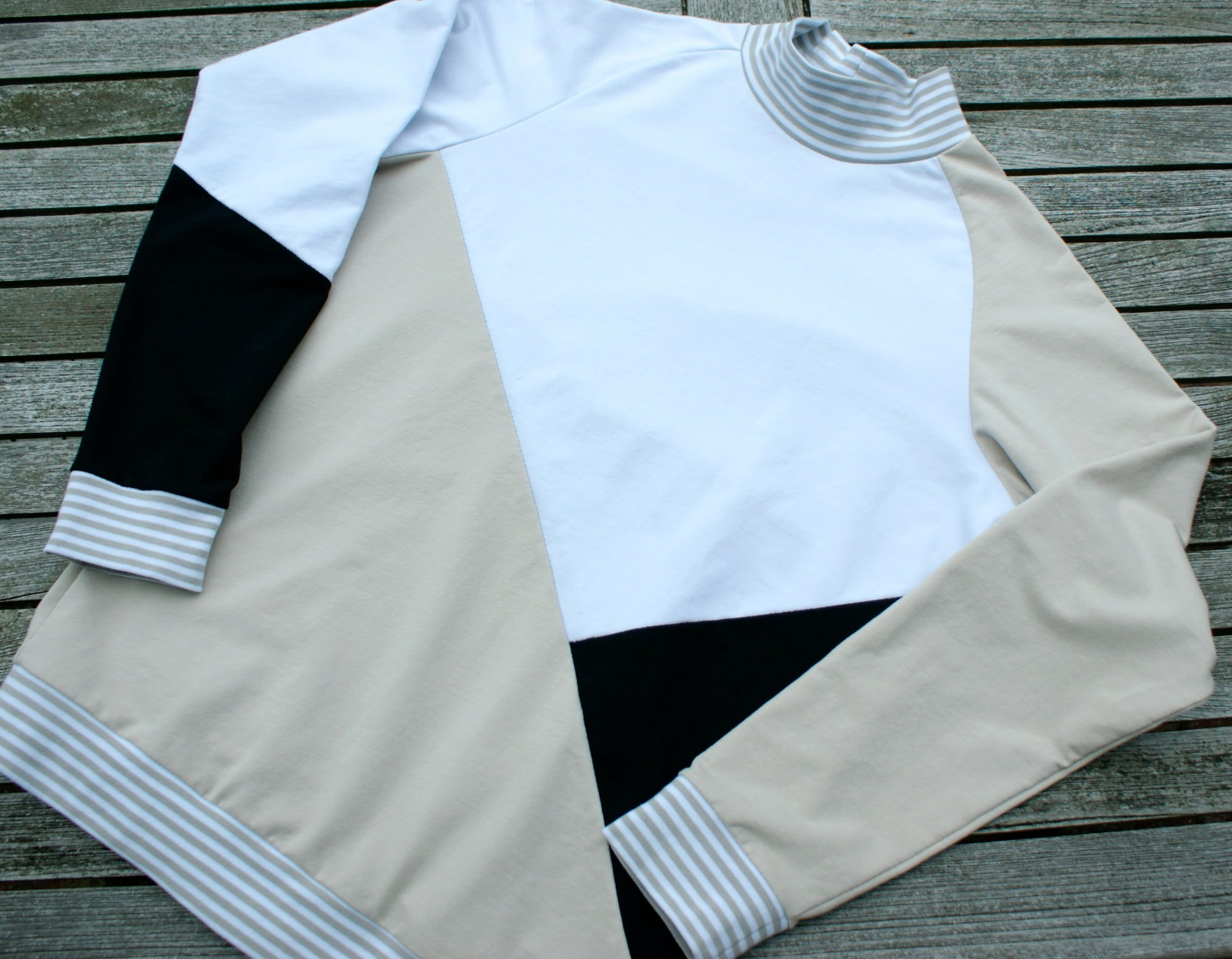  - leichter Männer-Pullover SANDSTRAND  Gr. M beige weiß schwarz Baumwolle Sommersweat colourblocking Stehkragen