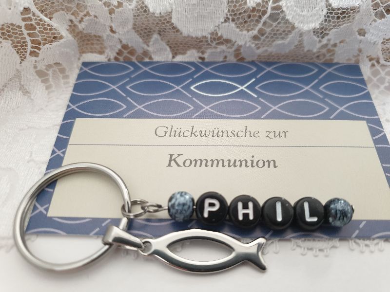 Kommunionsgeschenk Fisch Schlüsselanhänger mit Namen Edelstahl Geschenk Junge Mädchen Glaube Religion Kommunion Geschenkset 