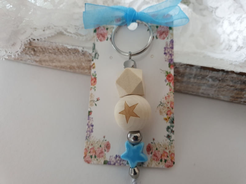  - Stern Schlüsselanhänger handgefertigt Holz Porzellan Geschenkset Geburt Taufe Baby Erinnerung Sternenkind