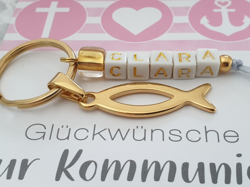  - Kommunionsgeschenk Fisch Schlüsselanhänger mit Namen handgefertigt Geschenk Kommunion Konfirmation für Mädchen Tochter Enkelin Geschenkset
