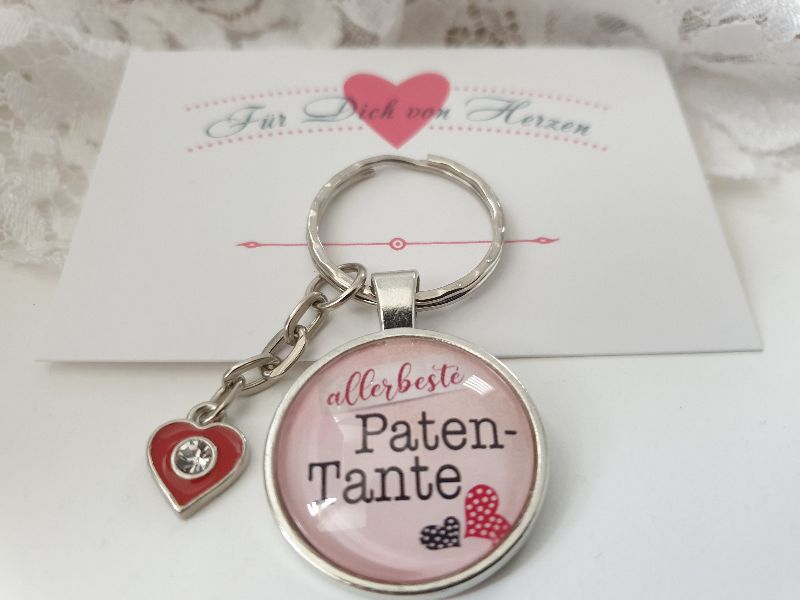  - Patentante Schlüsselanhänger handgefertigt Glascabochon mit Herz Geschenk Patin Taufe Frauen Tante Geschenkset