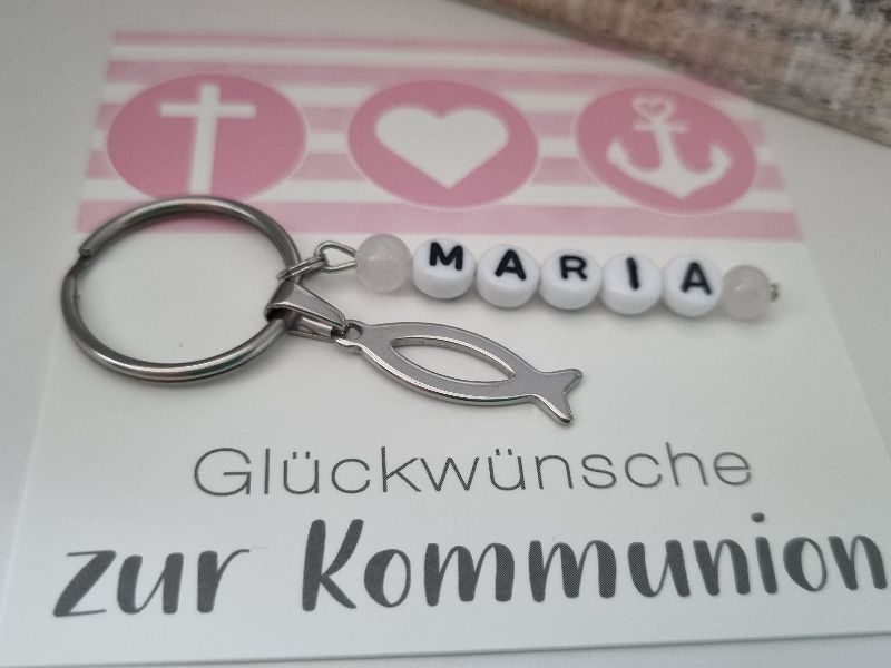  - Kommunionsgeschenk Fisch Schlüsselanhänger mit Namen Edelstahl Geschenk Mädchen Patenkind Glaube Religion Kommunion Geschenkset 