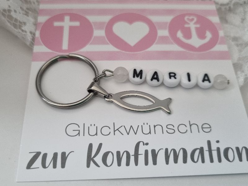  - Konfirmationsgeschenk Fisch Schlüsselanhänger mit Namen Edelstahl Geschenk Mädchen Patenkind Glaube Religion Kommunion Geschenkset  