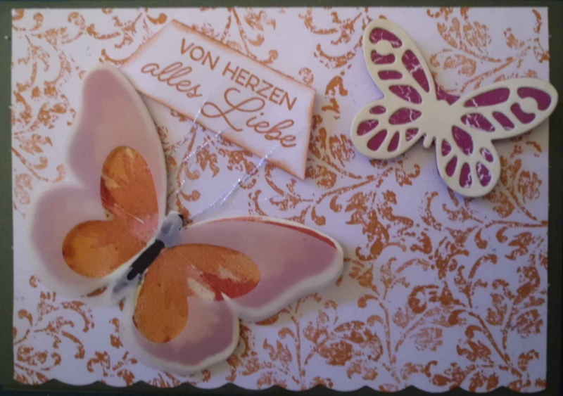  - Handgemachte , sehr romantische Karte in orangerot mit Schmetterlingen