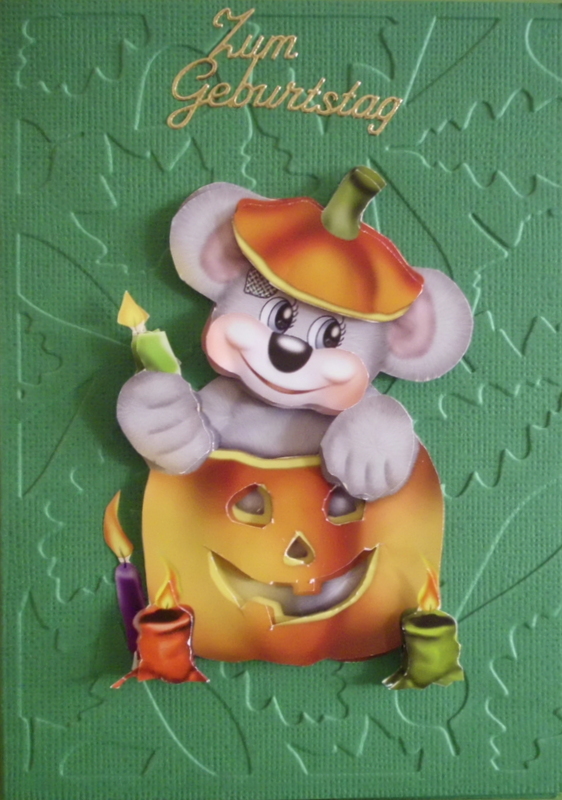  - Lustige Geburtstagskarte mit Maus und Kürbis, gerade richtig für Geburtstage im Oktober