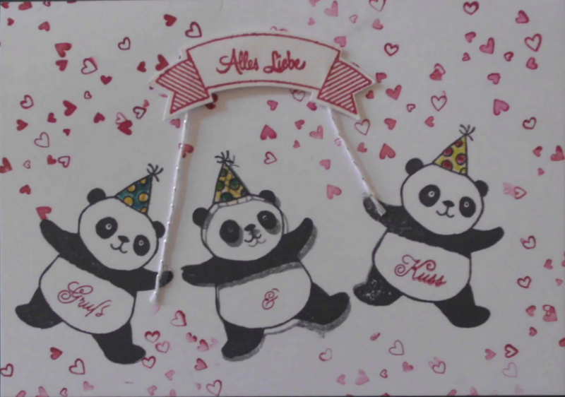  - Handgemachte Glückwunschkarte zum Geburtstag mit drei Pandas