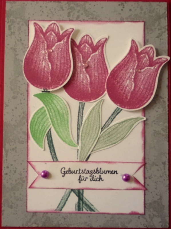  - Hübsche, handgemachte Glückwunschkarte mit Tulpen zum Geburtstag