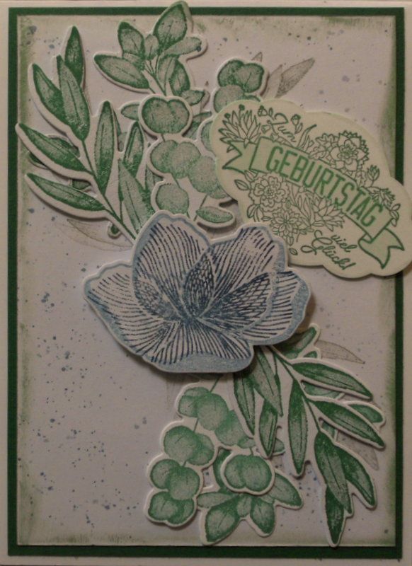  - Sehr hübsche, selbstgestaltete Karte mit Zweigen und einer Blüte zum Geburtstag