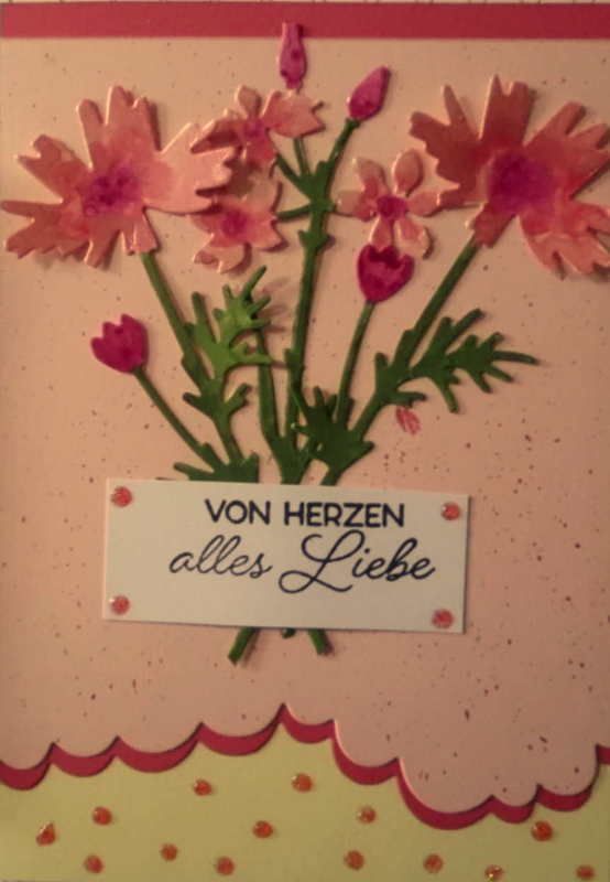  - Hübsche, selbstgestaltete Karte mit Blumenstrauß in pink