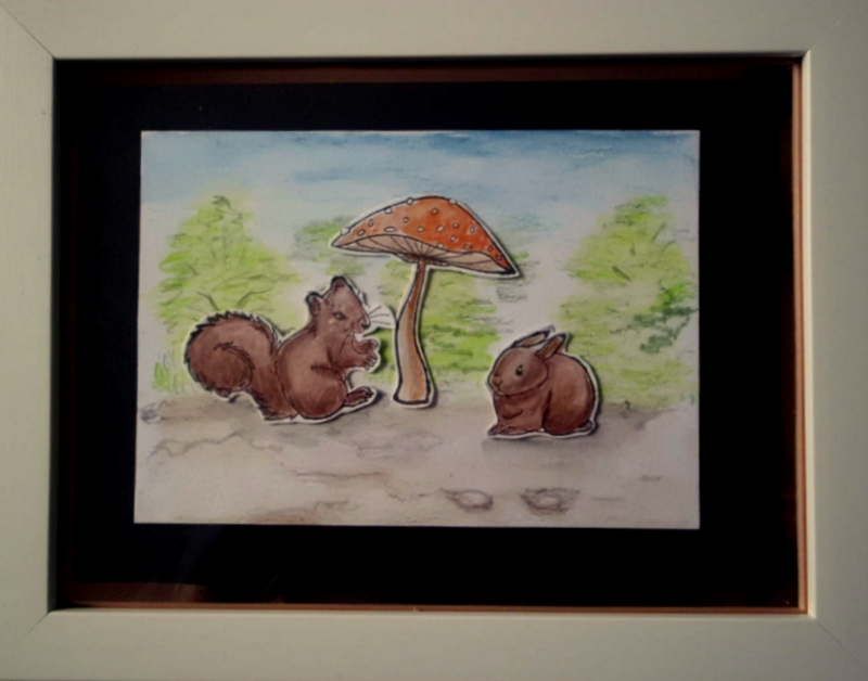  - Selbstgestaltete und kolorierte,  niedliche Szene mit Eichhörnchen und Häschen im Bilderrahmen