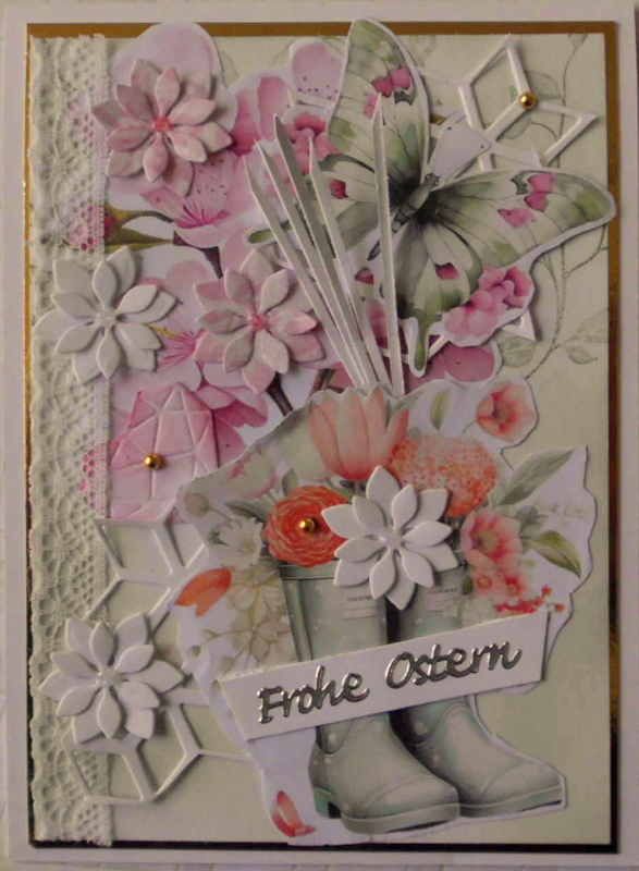  - Aufwendig gestaltete Potpourri Karte zu Ostern mit Schmetterling und Blüten