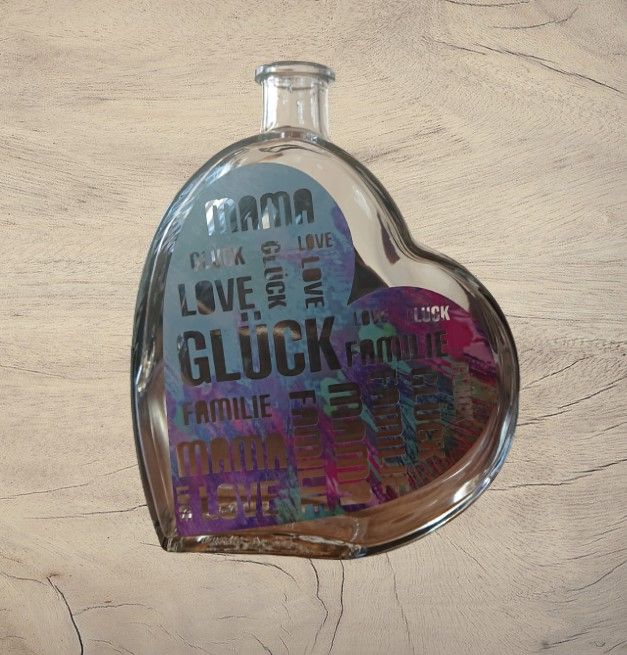  - Beleuchtete Herz-Glasflasche mit Design Vinyl Folie Marakesh blau