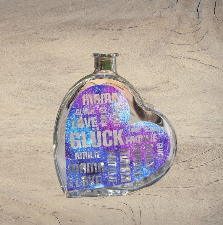  - Beleuchtete Herz-Glasflasche mit Design Vinyl Folie Glitzereffekt blau
