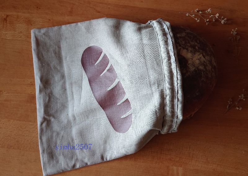  - Nachhaltiger Brotbeutel aus Bauernleinen/ Kordelzug mit Brotmotiv aus Flexfolie 