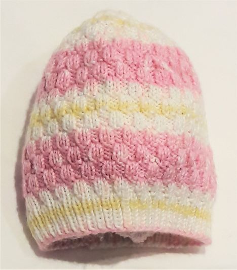  - Babymütze, Strickmütze handgestrickt in weiß rosa für Mädchen KU 46-52 cm