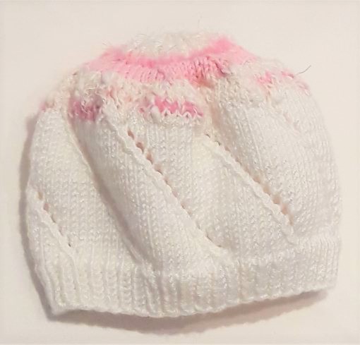  - Babymütze, Strickmütze handgestrickt in weiß rosa für Neugeborene Mädchen KU 44-48 cm 