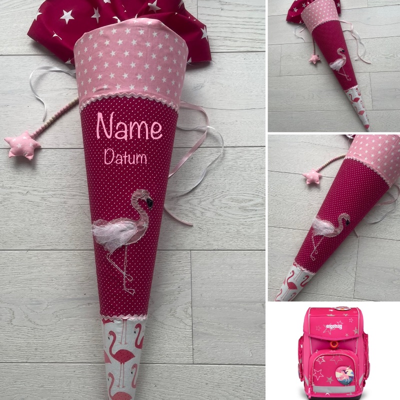  - Unikat: Handgefertigte Schultüte mit Namen und Flamingo 