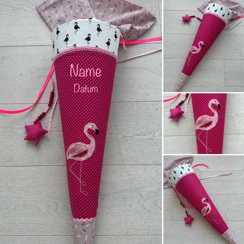  - Unikat: Handgefertigte Schultüte mit Namen und Flamingo