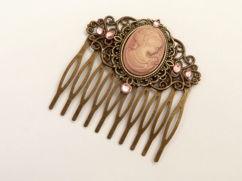  - Haarkamm mit Kamee und Rosen in rosa bronze viktorianisch Haarschmuck barock rokoko Geschenk Frau